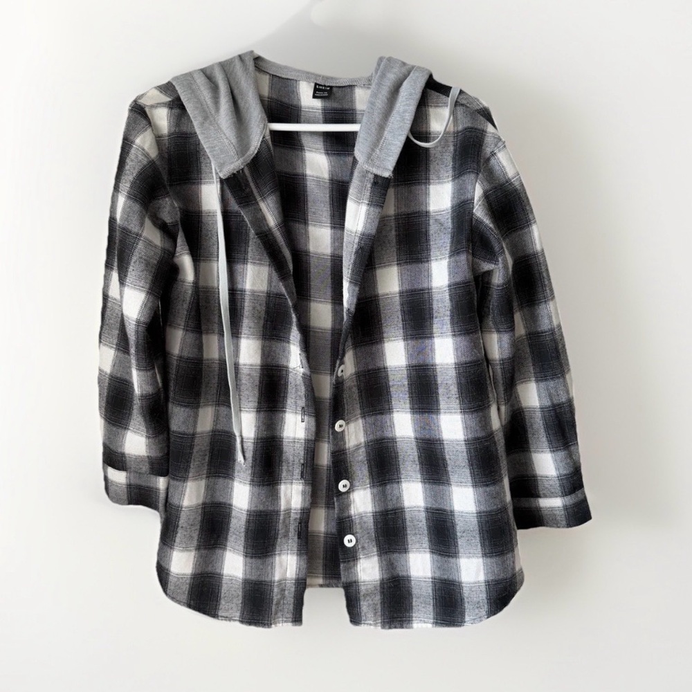 Womens Plaid Flannel Shacket Jacket Hoodie Oversized Long Sleeve Shirt Black